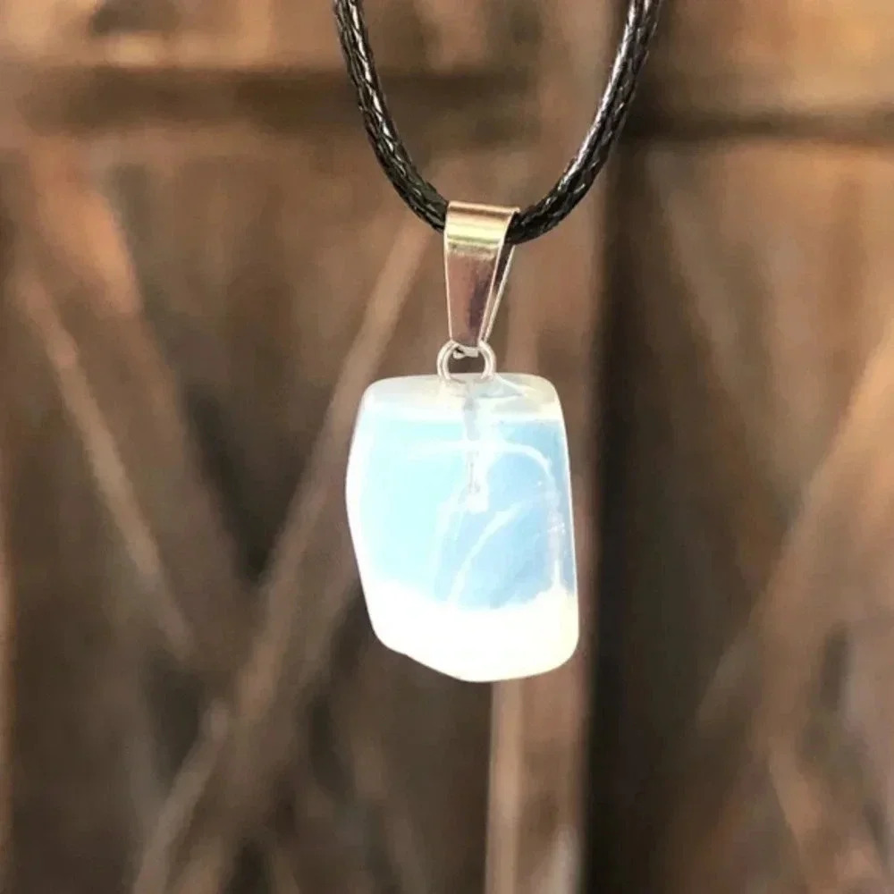 Milky Opalite Organic Cube Freeform Natural Braided Stainless Steel Necklace